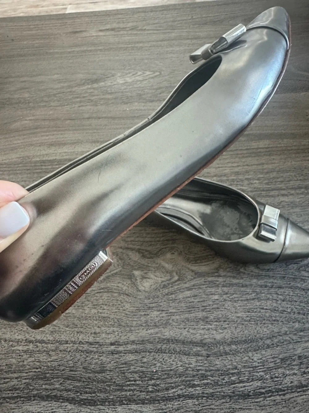 Coach Metallic Silver Pointed Toe Flats with Bow‎ Detail